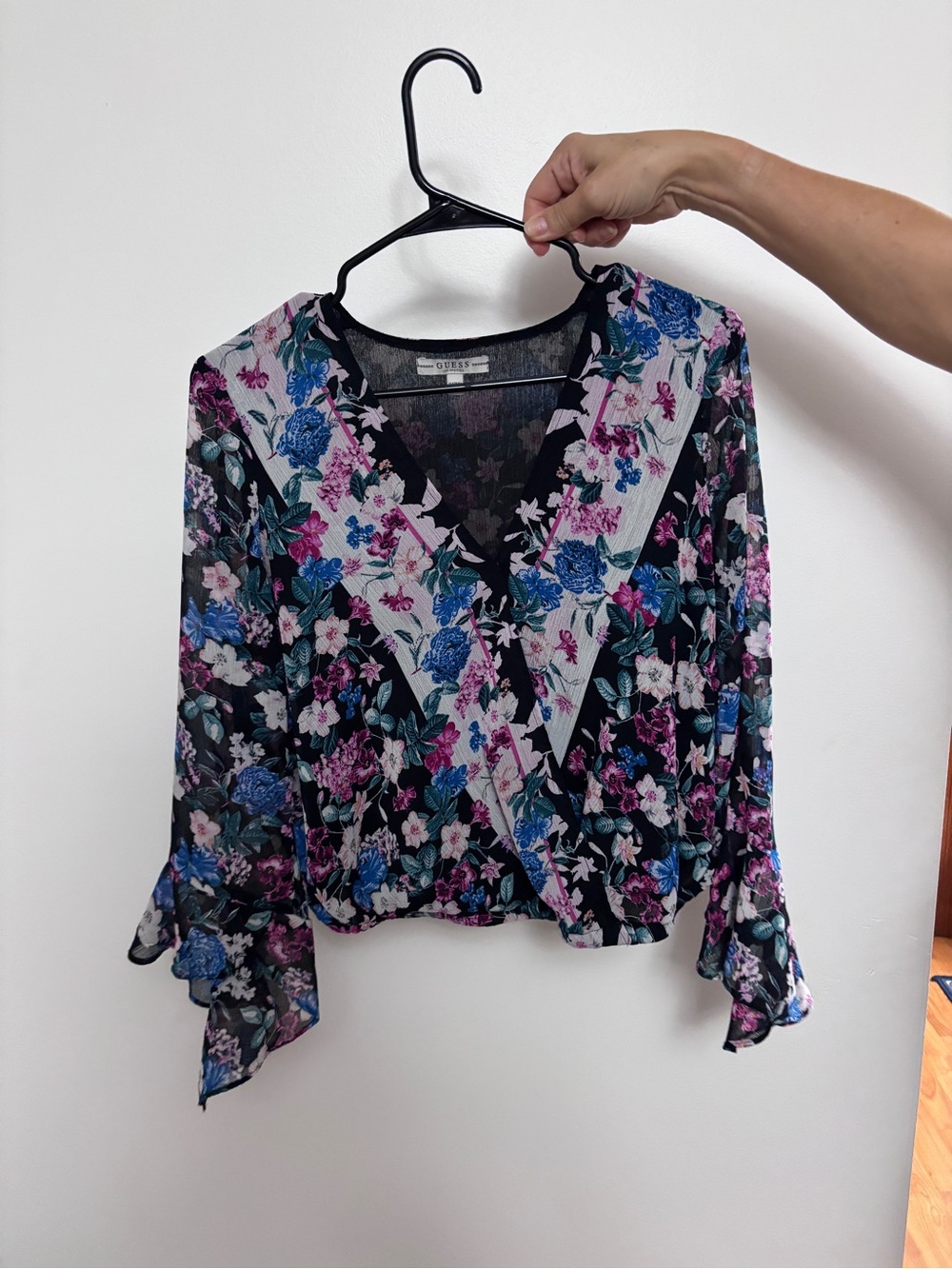 Guess Black Floral Wrap Blouse with Blue & Pink Accents